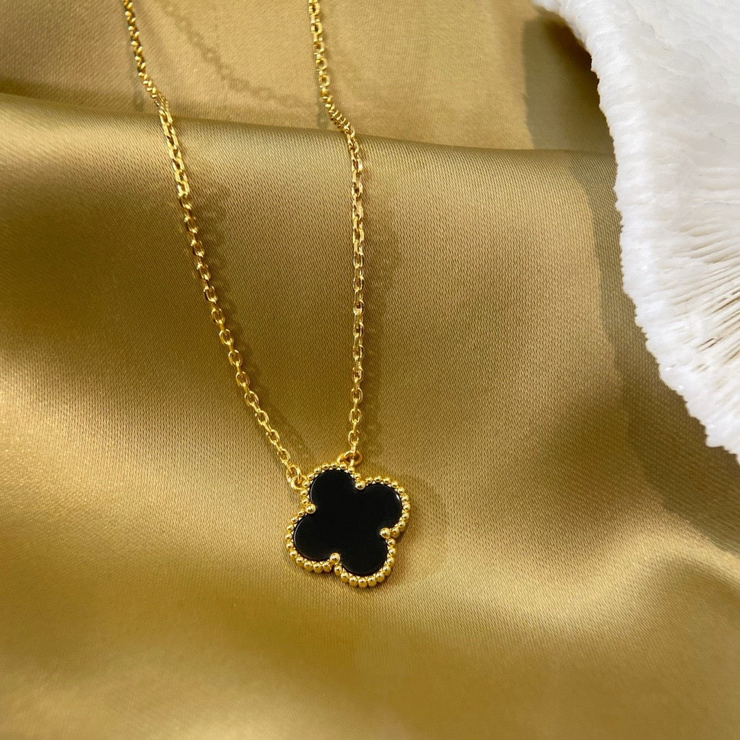 [Dawnora Jewelry]CLOVER 15MM BLACK ONYX SINGLE FLOWER NECKLACE