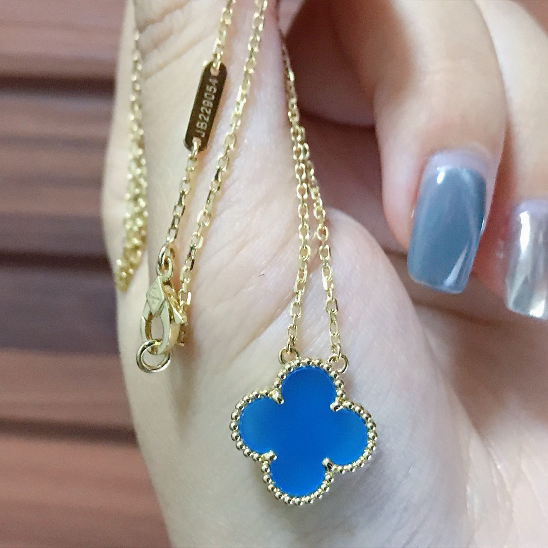 [Dawnora Jewelry]CLOVER 15MM BLUE AGATE NECKLACE