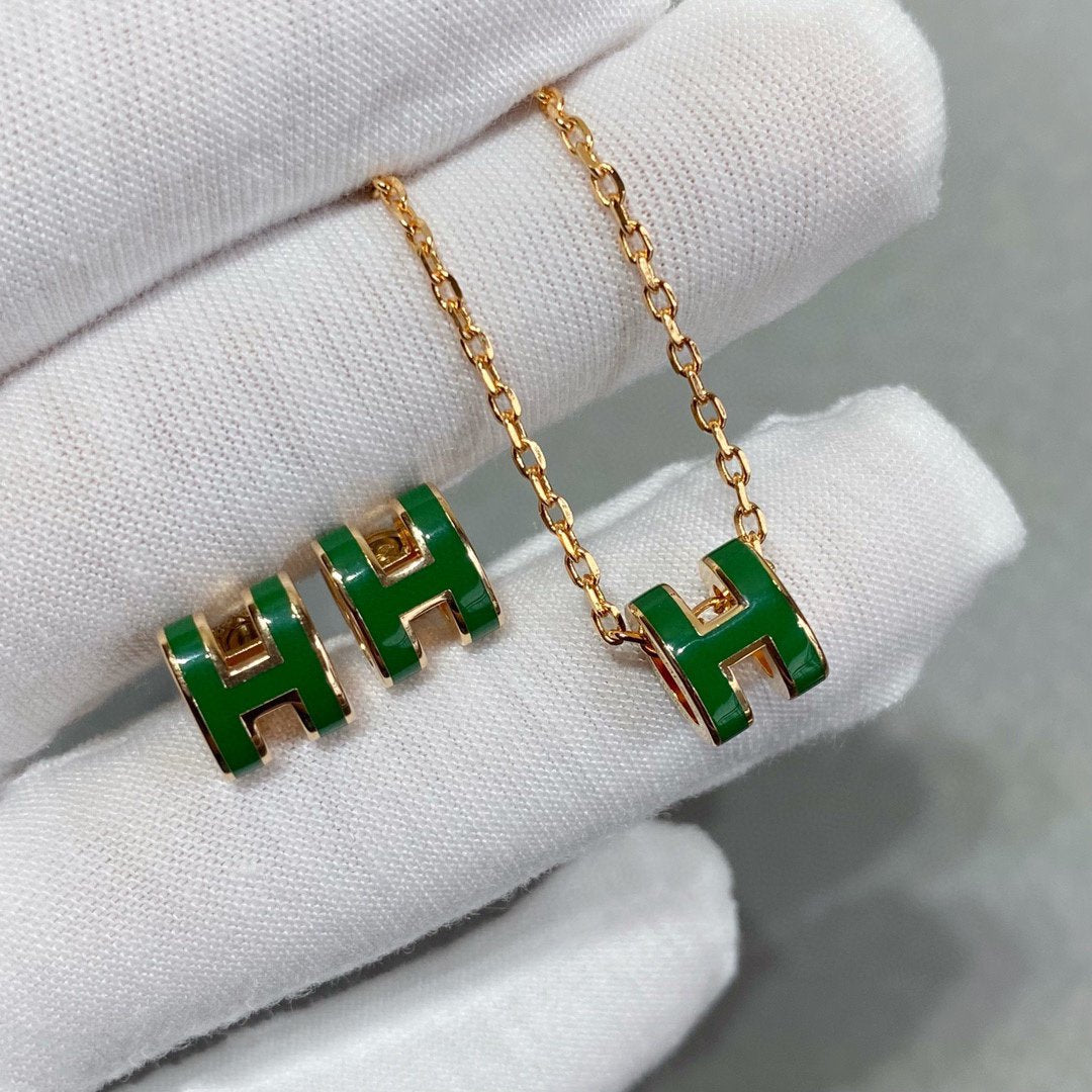 [Dawnora Jewelry]POP H GREEN NECKLACE SILVER AND GOLD