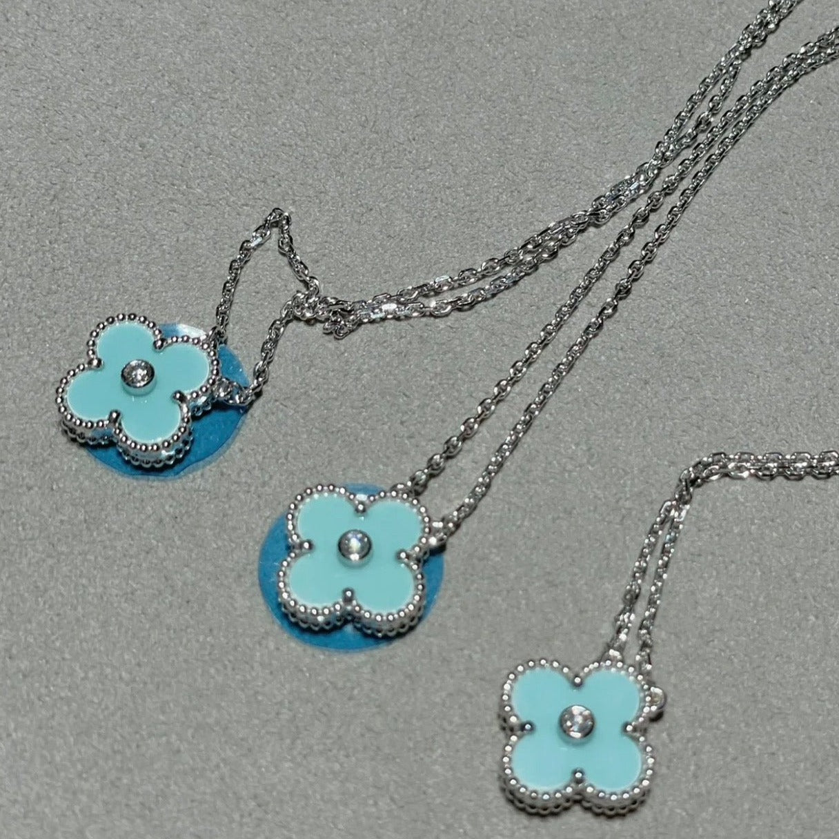 [Dawnora Jewelry]CLOVER 1 DIAMOND LIGHT BLUE SILVER NECKLACE