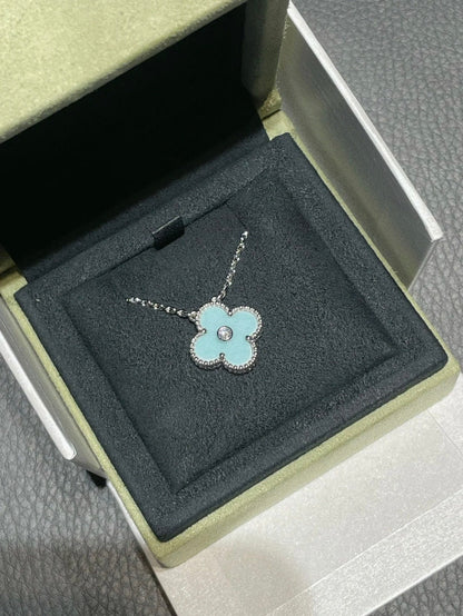 [Dawnora Jewelry]CLOVER 1 DIAMOND LIGHT BLUE SILVER NECKLACE