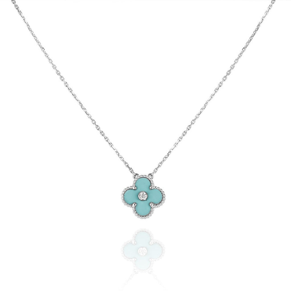 [Dawnora Jewelry]CLOVER 1 DIAMOND LIGHT BLUE SILVER NECKLACE