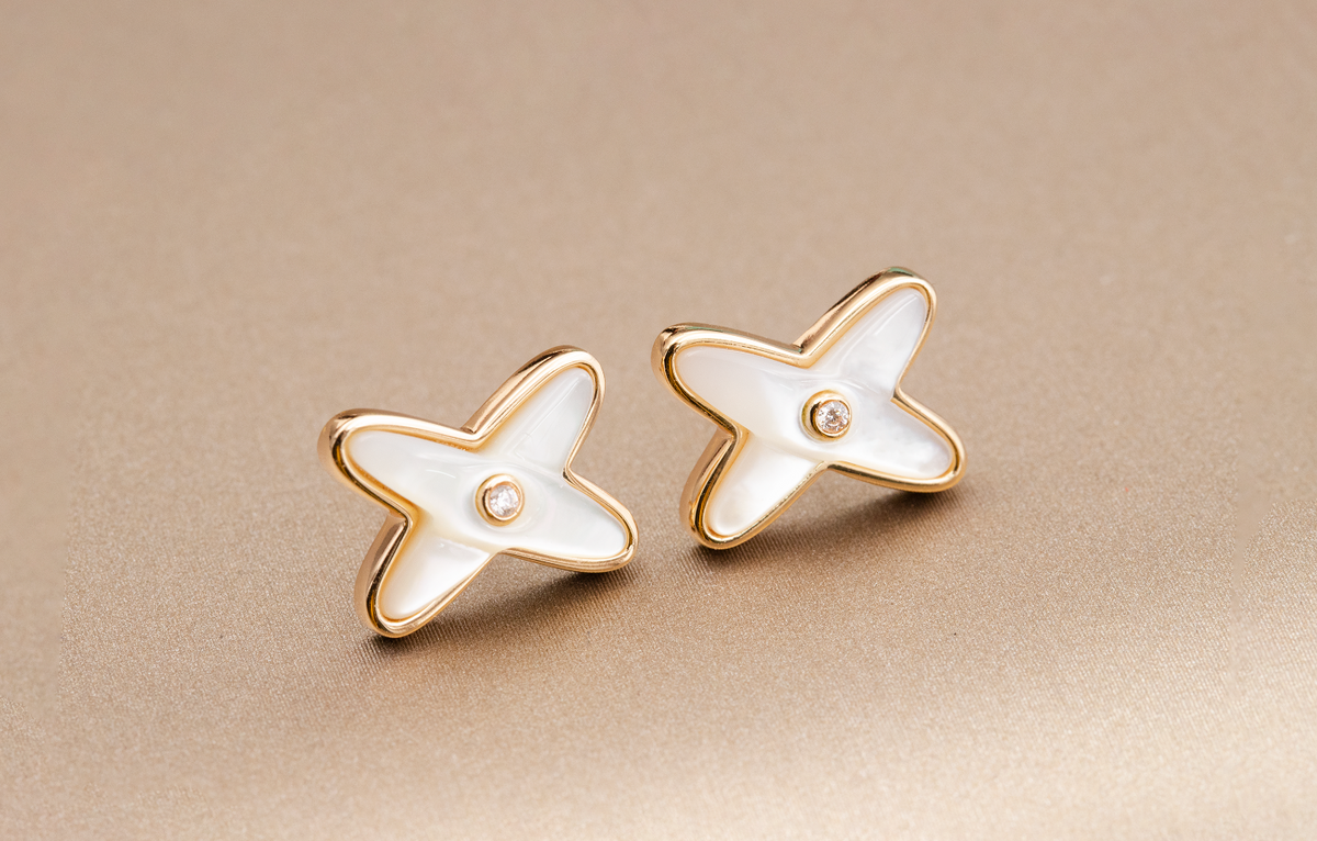 [Dawnora Jewelry]JEUX DE WHITE MOP ROSE GOLD DIAMOND EARRINGS