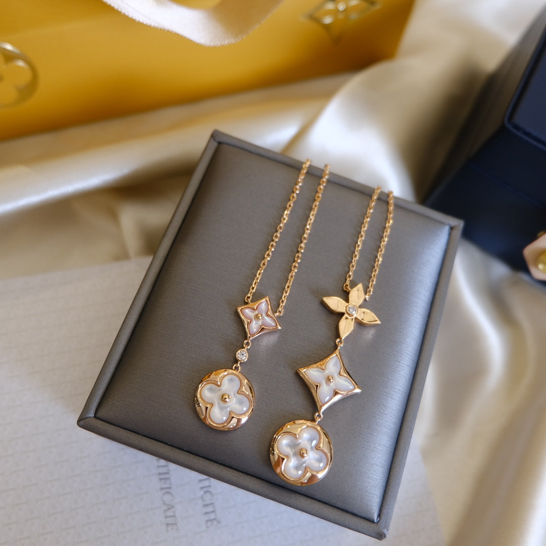 [Dawnora Jewelry]COLOR BLOSSOM LARIAT NECKLACE PINK GOLD WHITE MOTHER PEARL AND DIAMOND