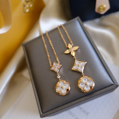 [Dawnora Jewelry]COLOR BLOSSOM LARIAT NECKLACE PINK GOLD WHITE MOTHER PEARL AND DIAMOND