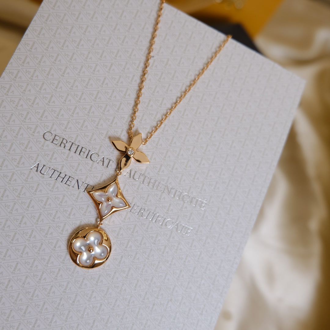 [Dawnora Jewelry]COLOR BLOSSOM LARIAT NECKLACE PINK GOLD WHITE MOTHER PEARL AND DIAMOND