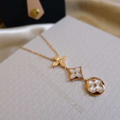 [Dawnora Jewelry]COLOR BLOSSOM LARIAT NECKLACE PINK GOLD WHITE MOTHER PEARL AND DIAMOND