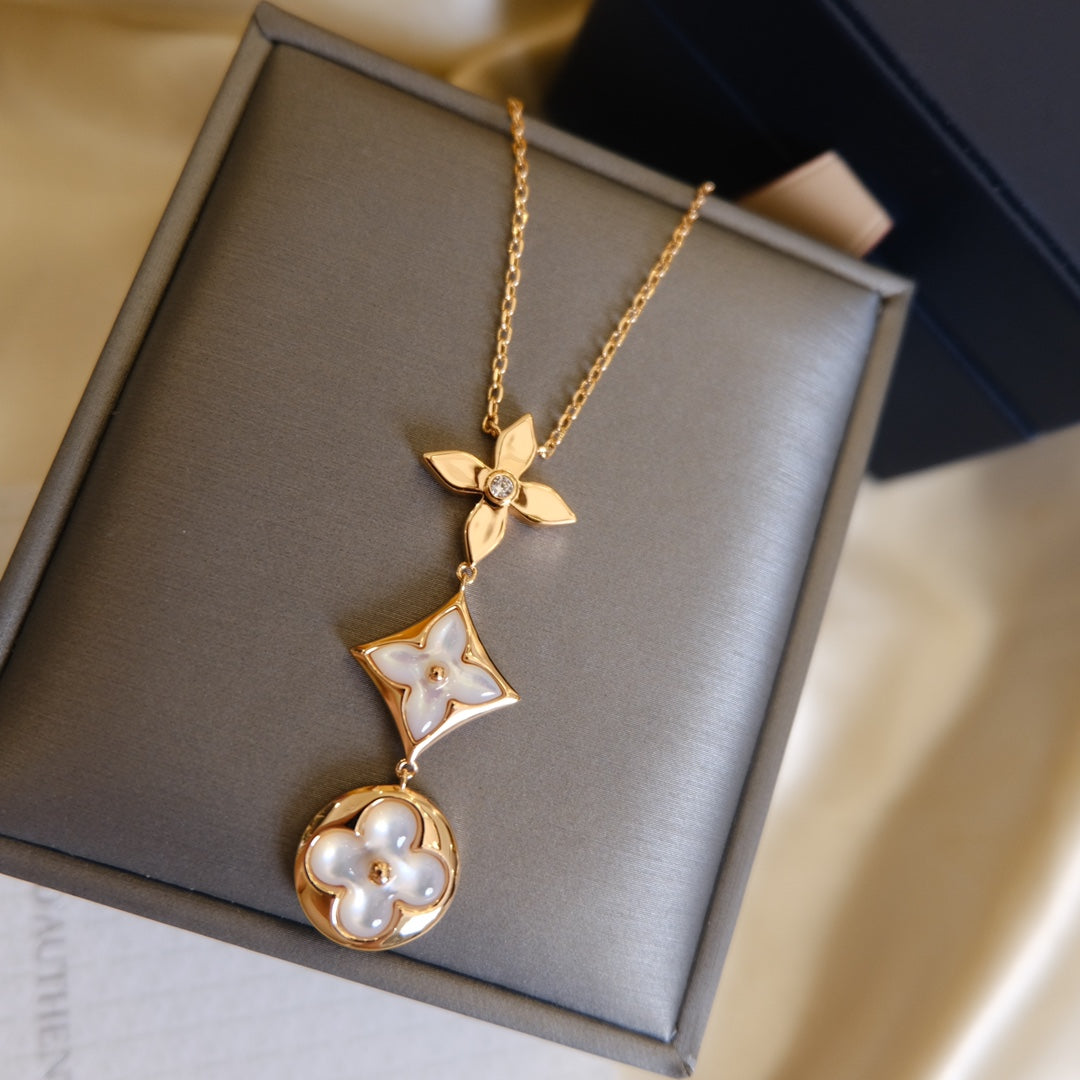 [Dawnora Jewelry]COLOR BLOSSOM LARIAT NECKLACE PINK GOLD WHITE MOTHER PEARL AND DIAMOND