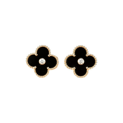 [Dawnora Jewelry]CLOVER MEDIUM 1 MOTIFS ONYX DIAMOND EARRINGS