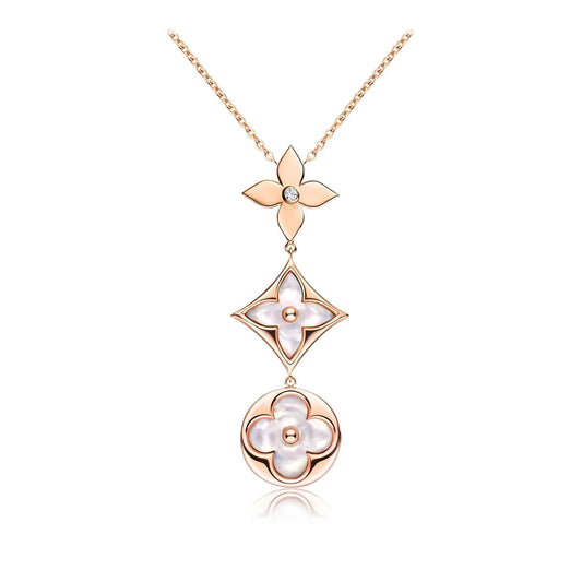 [Dawnora Jewelry]COLOR BLOSSOM LARIAT NECKLACE PINK GOLD WHITE MOTHER PEARL AND DIAMOND