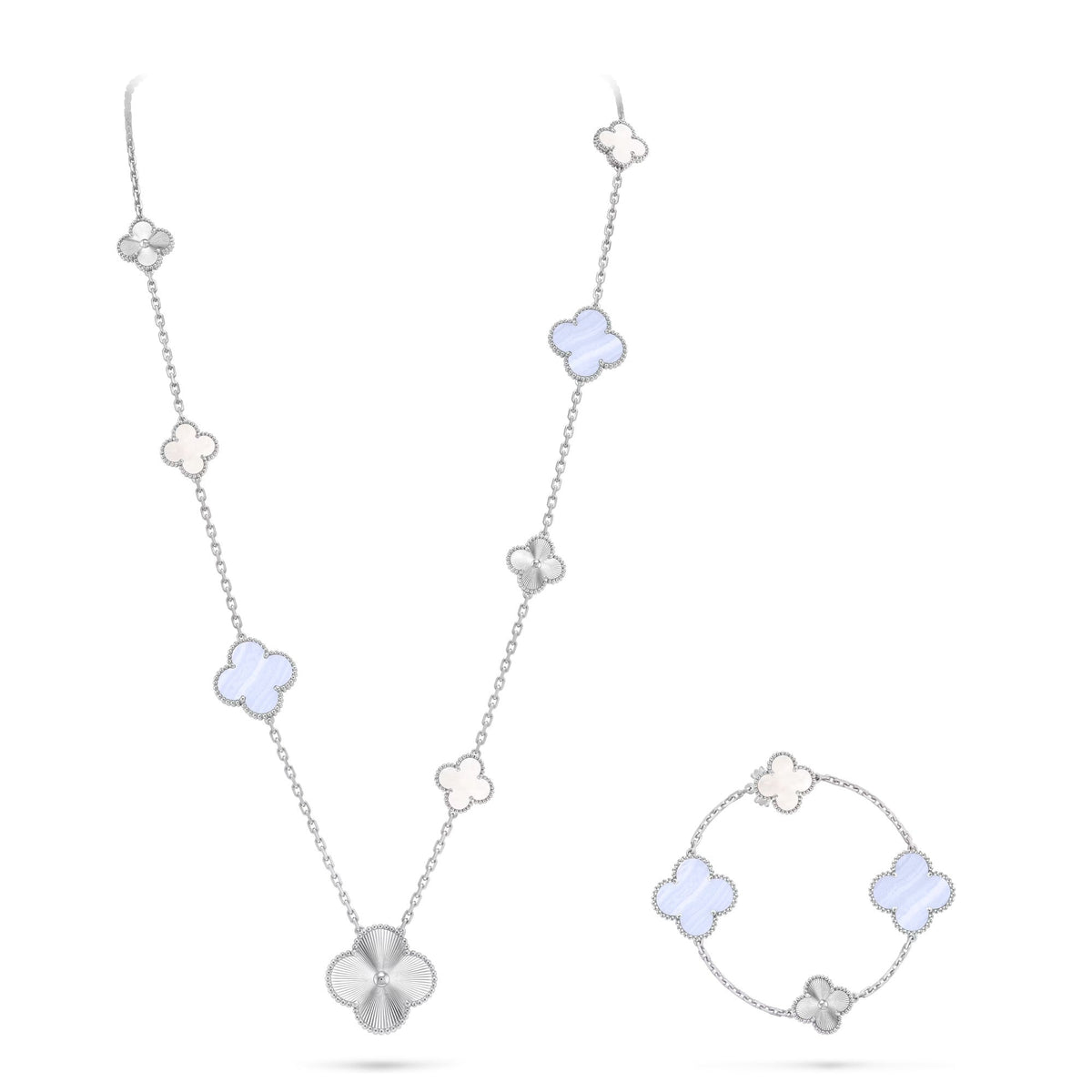 [Dawnora Jewelry]DETACHABLE CLOVER 15(11+4) FLOWER SILVER NECKLACE SET