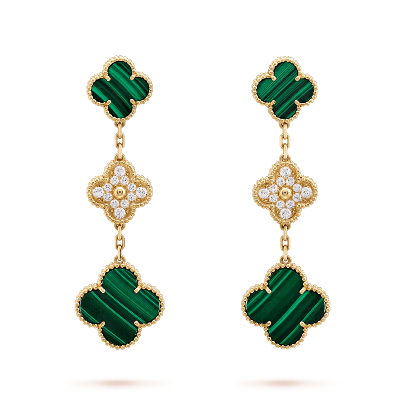 [Dawnora Jewelry]CLOVER EARRINGS GOLD MALACHITE DIAMOND 3 MOTIF