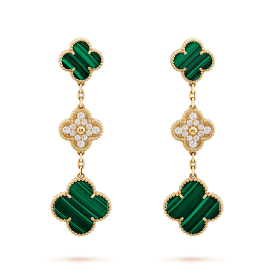 [Dawnora Jewelry]CLOVER EARRINGS GOLD MALACHITE DIAMOND 3 MOTIF