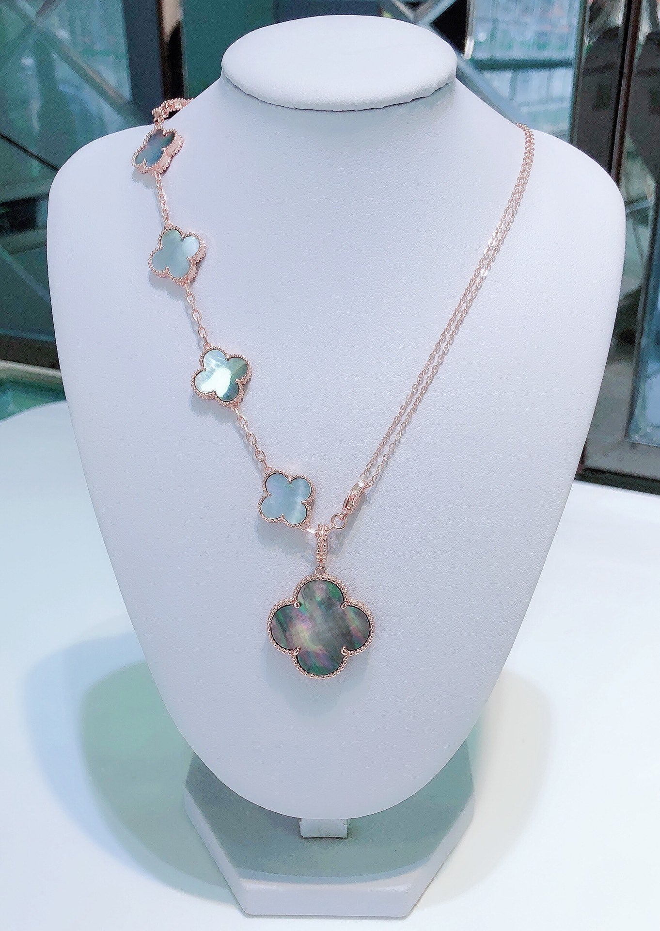 [Dawnora Jewelry]COMBINED BRACELET 5 MOTIFS AND NECKLACE DARK MOP ROSE GOLD