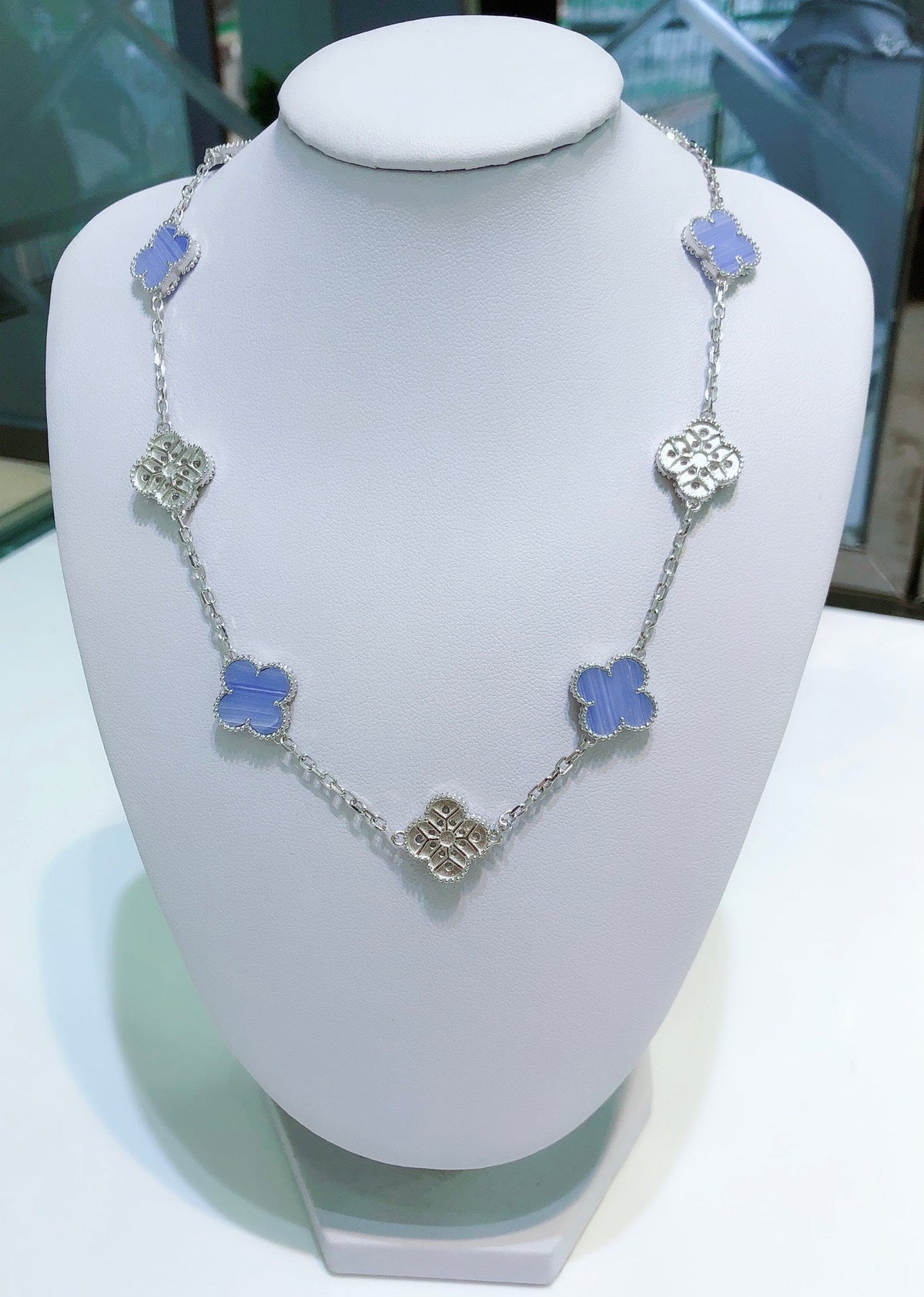 [Dawnora Jewelry]CLOVER 10 MOTIFS CHALCEDONY DIAMONDS SILVER NECKLACE