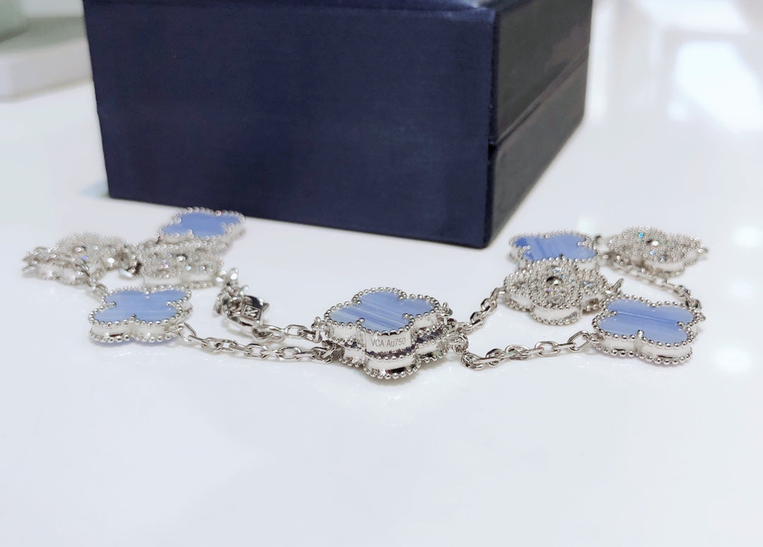 [Dawnora Jewelry]CLOVER 10 MOTIFS CHALCEDONY DIAMONDS SILVER NECKLACE